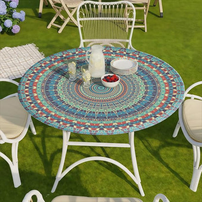 opstellen Waterproof Boho Vinyl Round Tablecloth Fitted Table Cloth Summer Fall Outdoor Circle Cover for 45-54" Tables Dining Kitchen Apartment Essentials Picnic Camping Party Decor Housewarming Gifts