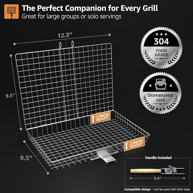 Sorbus Grill Basket - Stainless Steel Large Folding Barbecue Grilling Basket with Handle, Portable BBQ Accessories for Fish, Shrimp, Vegetables, Grilling Accessories, Gifts for Outdoor Cooking Camping (1 Pack)