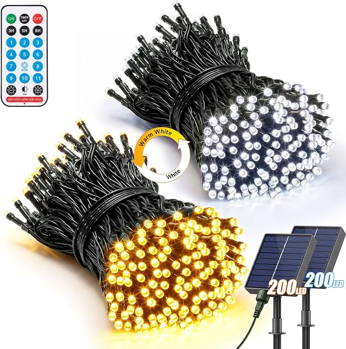 2 Pack 200LED Solar Christmas String Lights Outdoor Waterproof | Total 132FT Twinkle Lights with 8 Lighting Modes Remote for Outside Christmas Trees Decorations, Warm & Cool White