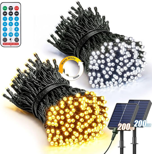 2 Pack 200LED Solar Christmas String Lights Outdoor Waterproof | Total 132FT Twinkle Lights with 8 Lighting Modes Remote for Outside Christmas Trees Decorations, Warm & Cool White