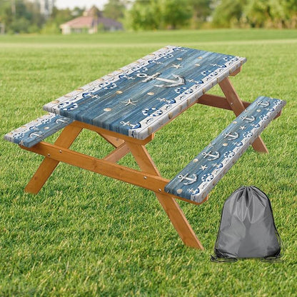 Picnic Table Cover with Bench Covers Elastic Edges, Navy Blue Nautical Anchor Table Cover, Waterproof Windproof Fitted, for Outdoor Camping Patio Garden BBQ, Drawstring Bag, 96 Inch 3PCS