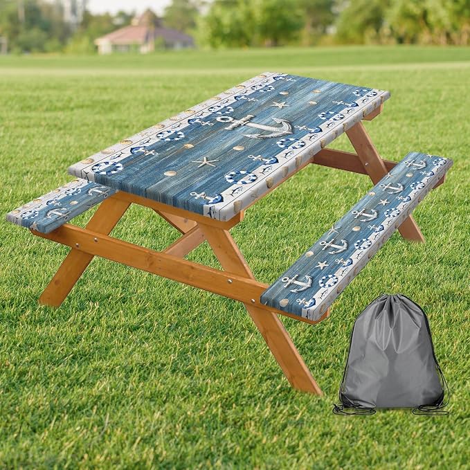 Picnic Table Cover with Bench Covers Elastic Edges, Navy Blue Nautical Anchor Table Cover, Waterproof Windproof Fitted, for Outdoor Camping Patio Garden BBQ, Drawstring Bag, 60 Inch 3PCS