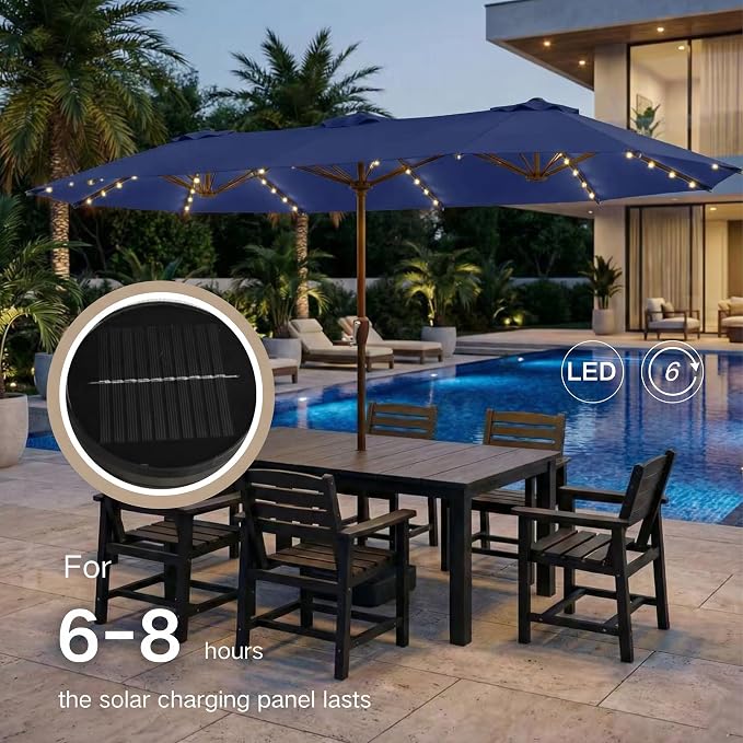 Kingdura 15ft Large Patio Umbrella with Solar Lights, Double-Sided Rectangle Lighted Outdoor Table Umbrella with Base Included, 12 Reinforced Ribs, 48 Led Lights, Crank Lift for Market Pool Deck Backyard, Navy blue
