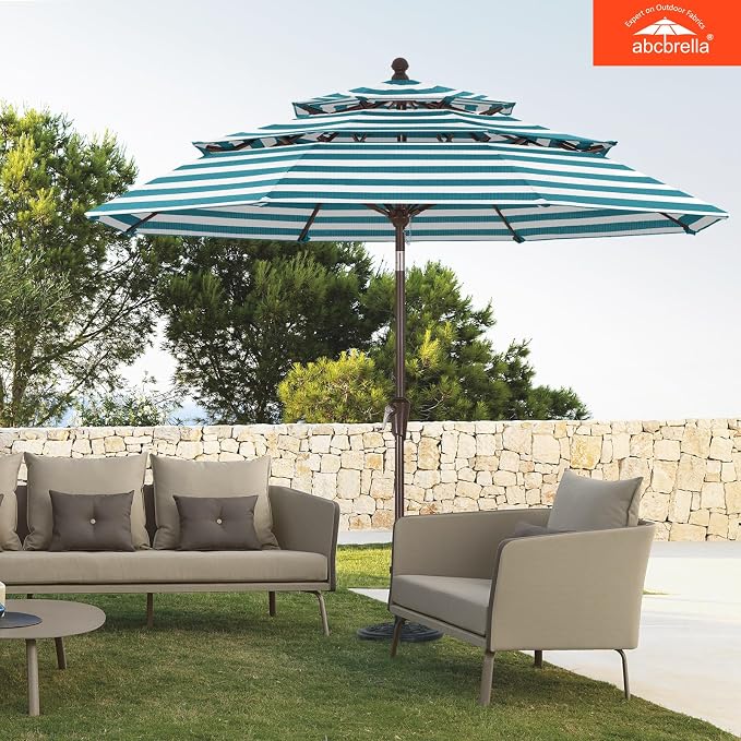 ABCCANOPY 9FT 3-Tier OLEFIN® Patio Umbrella with Stripe, 5-Year No Fading | Heavy Duty Fade-Resistance Outdoor Umbrella, 8 Sturdy Ribs, Tilt, Crank for Backyard, Garden, Yard, Pool, Turquoise Stripe