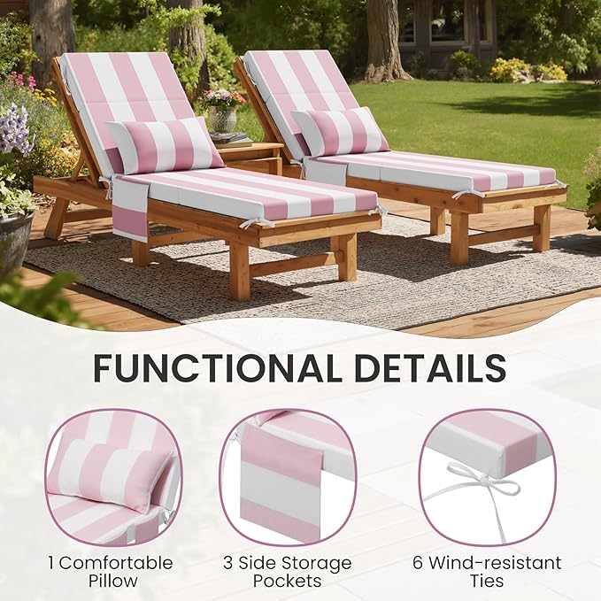 Crestlive Products Foldable Outdoor Chaise Lounge Cushions with Head Pillow and Side Pockets, Water Resistant & Fade Resistant Lounge Chair Cushion, 72''L x 21''W, Set of 2, Pink Stripe