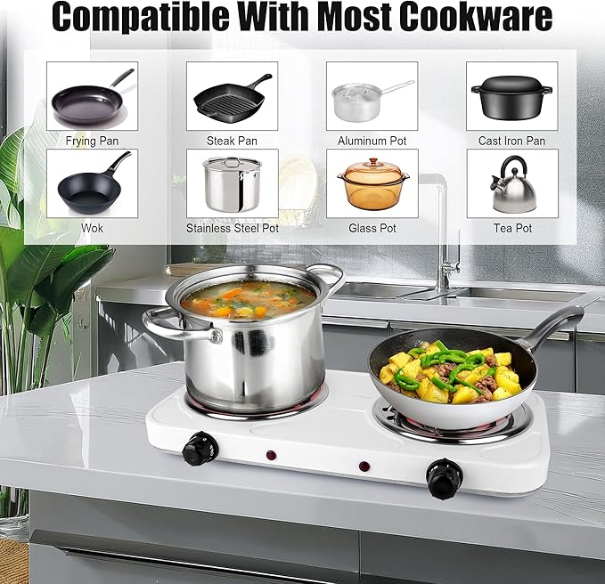 Electric Charcoal Burner Stove, 500W Single Coil Hot Plate Starter with Grill Tongs, 5-Level Temp, Smart Heat Control & Stainless Steel Fast Heating for Cooking top Countertop (3890White-Double01)