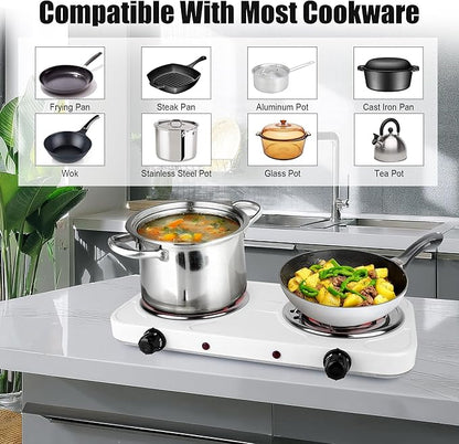 Electric Charcoal Burner Stove, 500W Single Coil Hot Plate Starter with Grill Tongs, 5-Level Temp, Smart Heat Control & Stainless Steel Fast Heating for Cooking top Countertop (3890White-Double01)