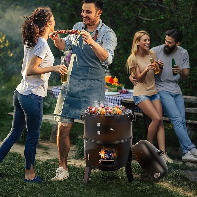 Portable Charcoal Smoker Grill, 31x16x19 Inch Iron BBQ Grill with Built-in Thermometer, Adjustable Air Outlet, Multi-Function Outdoor Barbecue Grill for Camping Backyard Party Beach