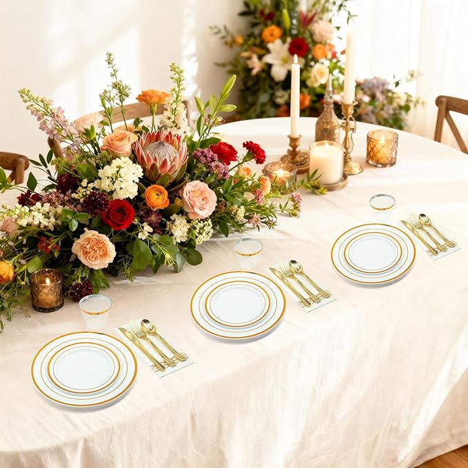 AIRE 175PCS Gold Plastic Plates for Party Supplies Dinnerware Sets for 25 Guests, Disposable Plastic Party Plates, Cups, Spoons, Forks, Knives, Napkins for Wedding Birthday Thanksgiving BBQ Parties