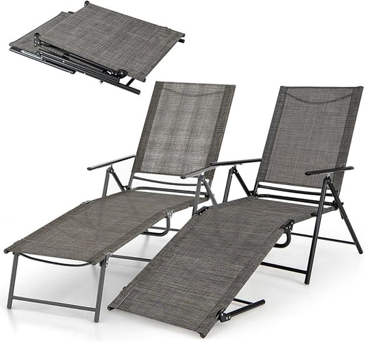 Giantex Lounge Chair Outdoor Set of 2 - Tanning Chair with 6 Adjustable Backrest, 2-Level Footrest, Folding Sunbathing Lounger for Patio, Poolside, Yard, Chaise Lounge Chair, Beach Chair (Brown)