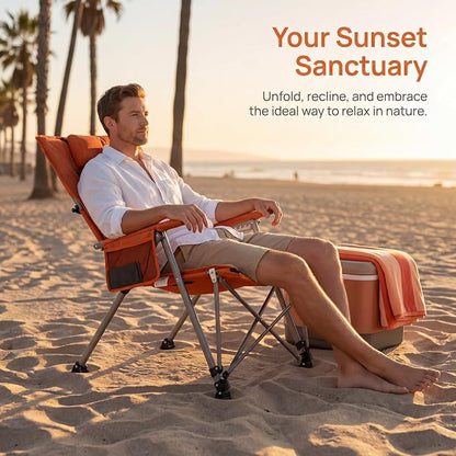 Adjustable Folding Beach Chair, Portable Camping Chair for Adults with Footrest, Reclining Outdoor Chair with Cup Holder & Pocket, Foldable Low Beach Chair for Camping, Picnic, Travel, Orange