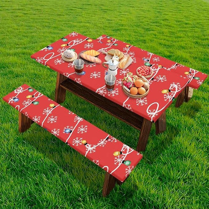 Christmas Colored Lights Snowflake Picnic Table Cover with Bench Covers 3 PCS for Outdoor Camping Rectangle Table Cloth for Picnic Camping Outdoor