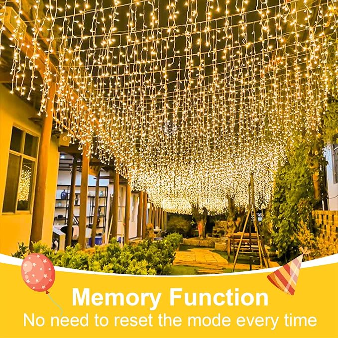 QITONG Warm White Icicle Lights for Outside, 33ft 400 LED String Lights Indoor with 8 Modes, Clear Wire Connectable Icicle Christmas Light Plug in