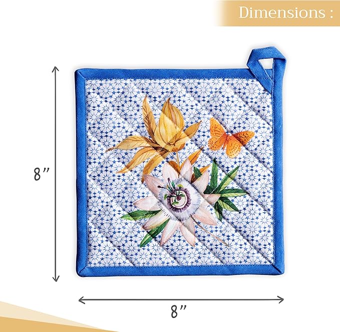 Maison d' Hermine Pot Holders 100% Cotton Heat Resistant Potholders 8" x 8" Hot Pads with Loop BBQ Cooking Baking Hotel Farmhouse Kitchen Handling Hot Pans Spring Summer (Pack of 2, Passiflora)