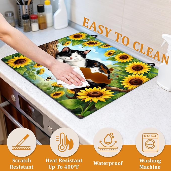 Stove Top Covers for Electric Stove,Sleeping Cat Flat Top Stove Cover,Sunflowers Heat Resistant Glass Top Stove Cover Protector Anti-Slip Range Covers, 28 x 20 Inch