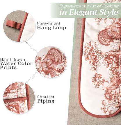 Maison d' Hermine Double Oven Mitts 100% Cotton Double Oven Glove (7"x35") | Heat Resistant BBQ Cooking Gloves with Loop Baking Kitchen Home Hotel Farmhouse Thanksgiving Christmas - Holy Jouy - Brown