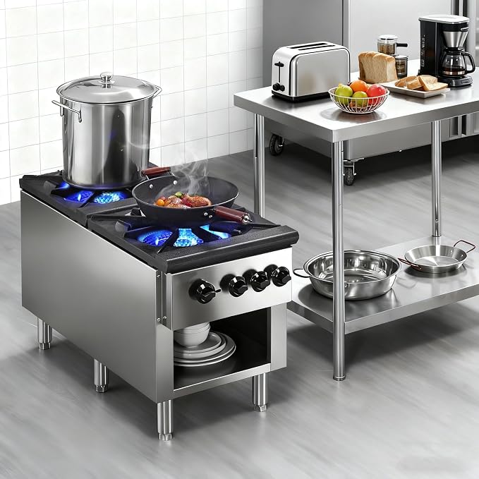 Stainless Steel Stoves,Propane Cooktop with 2 Burners – 180,000 BTU Total Power,Includes Natural Gas Conversion Kit.Commercial Gas Stove with Cabinet for Restaurant and Cafeteria Use.