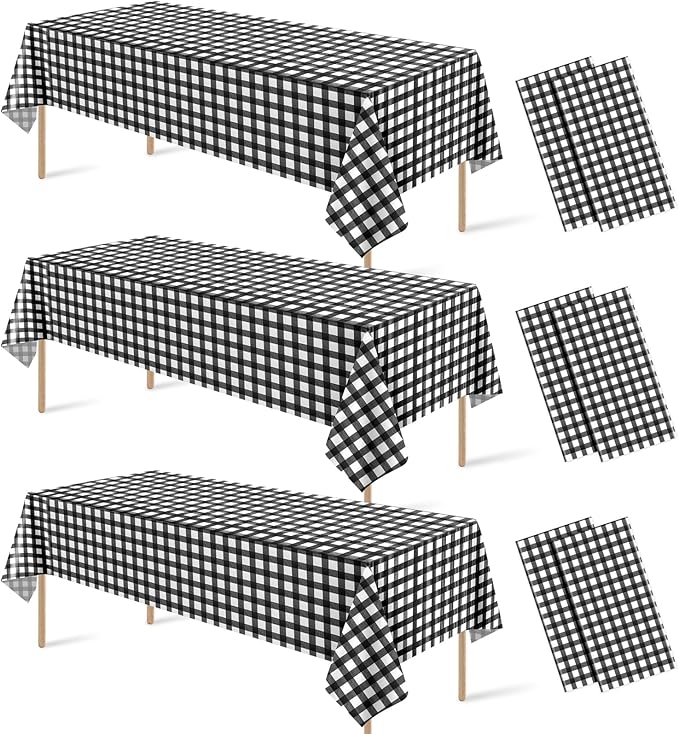 6Pcs Black and White Gingham Tablecloth Decorations, Disposable Plastic Black Checkered Tablecloth Buffalo Plaid Table Cover for Baby Shower Bridal Wedding Birthday Party Supplies,54 x 108 Inch