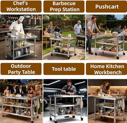 Stainless Steel Prep and Work Table with Wheels, Multi-Size Heavy-Duty Metal Commercial Kitchen Commercial Workbench,Suitable for Restaurants, Homes,Outdoor and Hotels (28" Lx24 Wx34 H)