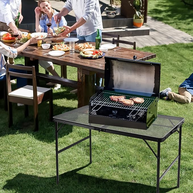 Folding Matel Grill Table, 3x2 FT Portable Camping Table | Lightweight Height Adjustable Metal Picnic Outdoor Table with Mesh Desktop and Mesh Bag, Beach and BBQ, Party