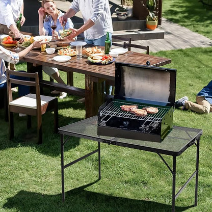 Folding Matel Grill Table, 3x2 FT Portable Camping Table | Lightweight Height Adjustable Metal Picnic Outdoor Table with Mesh Desktop and Mesh Bag, Beach and BBQ, Party