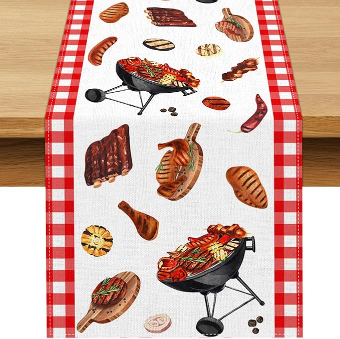 BBQ Party Table Runner Summer Barbecue Birthday Baby Shower Decoration Red and White Checkered Picnic Dining Room Home Kitchen Table Decor
