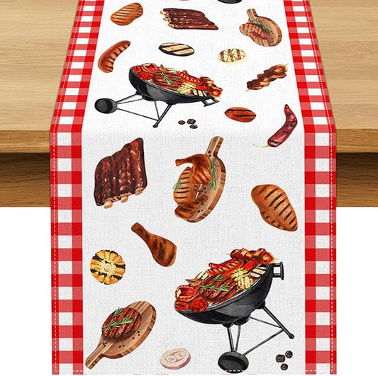 BBQ Party Table Runner Summer Barbecue Birthday Baby Shower Decoration Red and White Checkered Picnic Dining Room Home Kitchen Table Decor