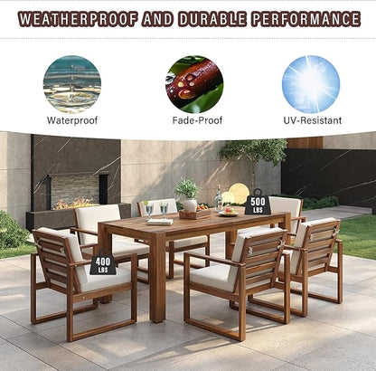Merax Patio Table and Chairs Set, Outdoor Dining Set for 6 with Umbrella Hole, 7 Piece Outdoor Patio Furniture Set Wood Frame with Removable Cushion for Garden, Backyard, Lawn, and Poolside