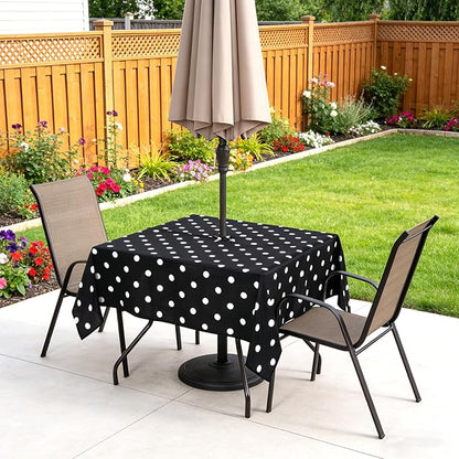 Poise3EHome Square Outdoor Tablecloth with Umbrella Hole and Zipper,Black Dot 60x60 Inch,Polyester SpillProof Washable Table Cloth for Spring Summer Patio Garden Poolside Picnic Camping BBQS