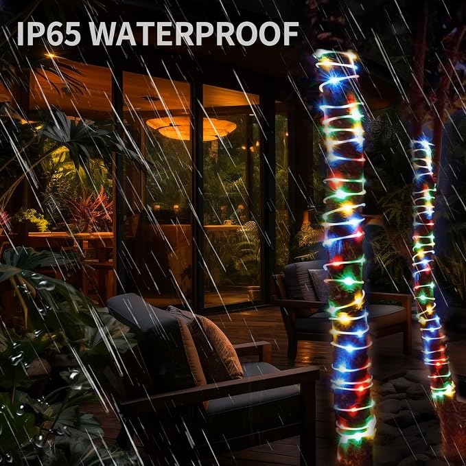 2Pack Solar Outdoor Garden Lights, Total 200LED Rope Decor Lights | Waterproof Auto On/Off with 8 Modes, Fairy Tree Rope Lights for Christmas Patio Garden Tree Wedding and Holiday Multicolor