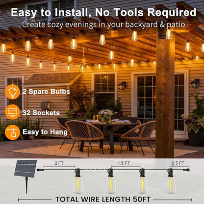 50FT Solar String Lights, Remote & USB Port, Outdoor Waterproof | 1.5FT Spacing, 32+2 Shatterproof Edison Bulbs, IP65, 2700K Warm White, Timer & Dimmable, Outdoor String Lights, Backyard