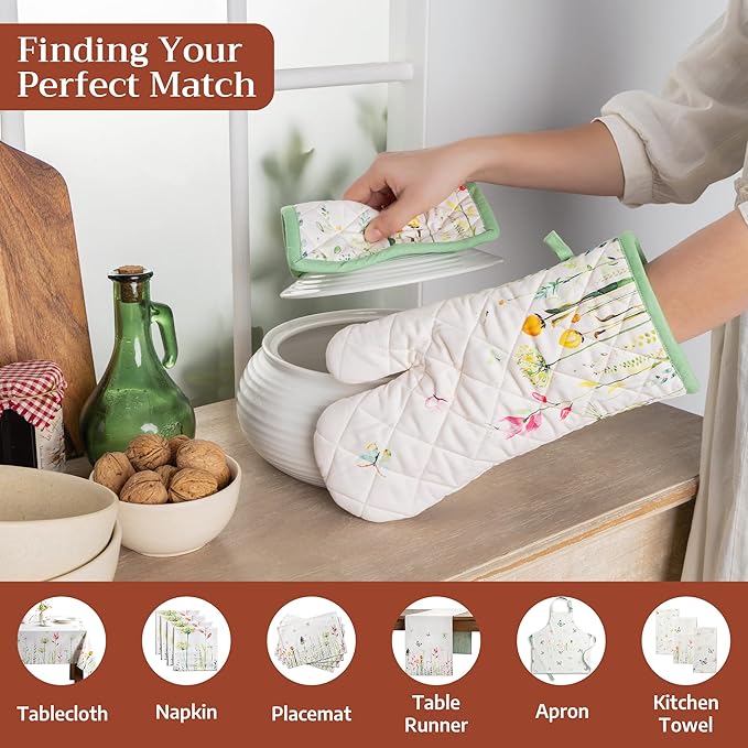 Maison d'Hermine Oven Gloves 100% Cotton Oven Mitt 7" x 13" with Loop Heat Resistant BBQ Cooking Gloves Baking Grilling Kitchen Hotel Home Farmhouse Spring Summer (Pack of 1, Botanical Fresh)
