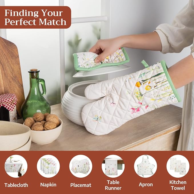Maison d' Hermine Pot Holders 100% Cotton Potholders (8" x 8", Pack of 2) | Heat Resistant Hot Pads with Loop BBQ Cooking Baking Farmhouse Kitchen Handling Hot Pans Spring Summer - Botanical Fresh