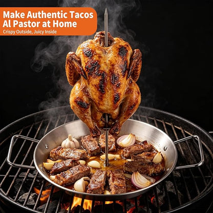 Al Pastor Skewer for Grill, Stainless Steel Vertical Skewer with 3 Removable Spikes (8", 10", 12"), Basting Brushes &Food Tongs, Trompo para Tacos al Pastor, Shawarma Spit Stand for Smoker & Oven