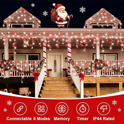 QITONG Red and White Icicle Lights for Outside, 66ft 800 LED String Light with 8 Modes, Clear Wire Connectable Icicle Christmas Lights Indoor Plug in