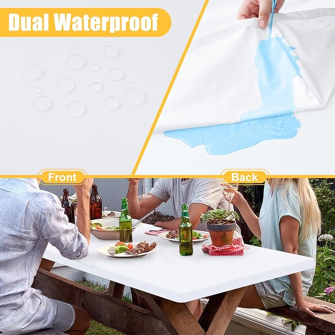 Rectangle Table Cloth, Waterproof Elastic Fitted Tablecloth for 6 Foot Folding Tables, Washable Polyester Tablecloths for Picnic, Camping, Outdoor (White, 30"x72")