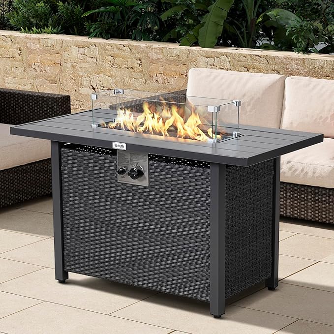 Werph 43" Propane Fire Pit Table with Rattan Fence, 50,000 BTU Gas Fire Pits for Outside Patio with Auto-Ignition, 2-in-1 Fire Table with Natural Lava Rock, Wind Guard& Removable Lid, Black