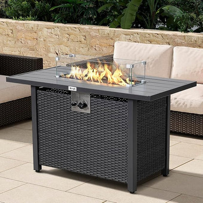 Werph 43" Propane Fire Pit Table with Rattan Fence, 50,000 BTU Gas Fire Pits for Outside Patio with Auto-Ignition, 2-in-1 Fire Table with Natural Lava Rock, Wind Guard& Removable Lid, Black