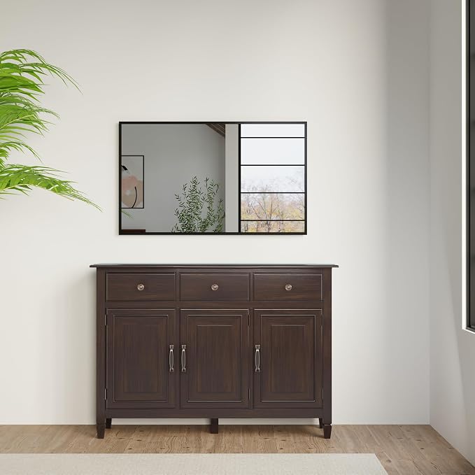 SIMPLIHOME Connaught 51" Solid Wood Cabinet in Chestnut Brown | Traditional space-saving entryway or mudroom cabinet with 3 drawers and adjustable shelves for organized household storage.