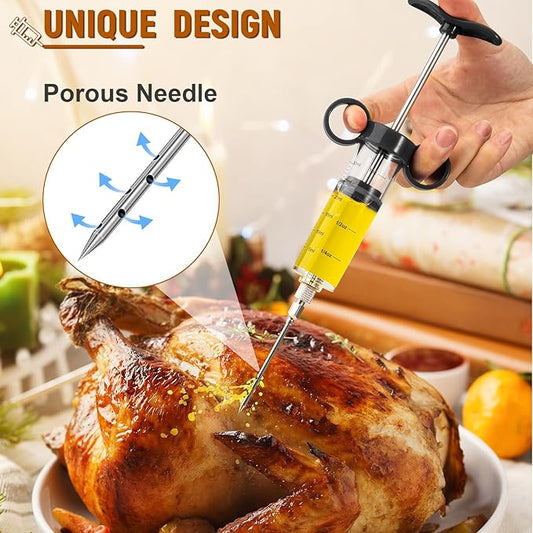 Kingsmile Meat Injector, 1-oz Plastic Marinade Injector, Turkey Injector Syringe - 3 Stainless Steel Meat Needles for BBQ Grill, Meat Injector Syringe for Meat with Cleaning Brush Black