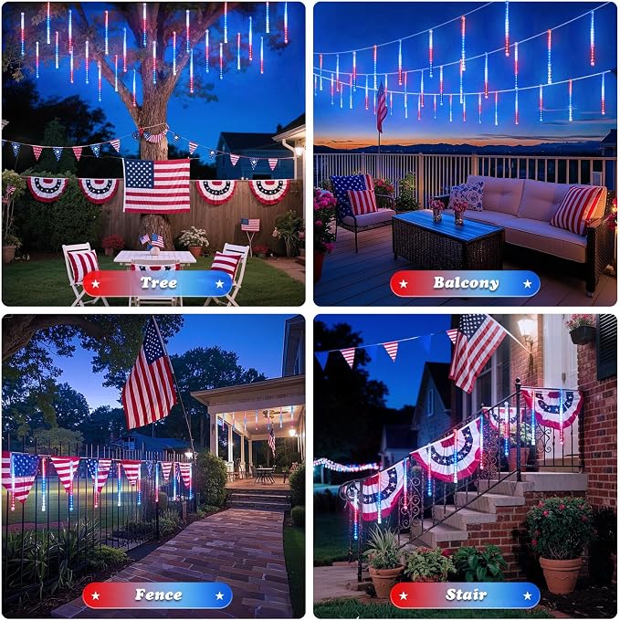 JMEXSUSS Red White and Blue Solar Lights, 8 Tube 144 LEDs | Patriotic Solar Meteor Shower Lights Waterproof for Independence Day, Gardens, Tree, Outdoor 4th of July Decorations