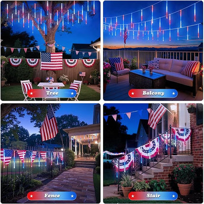 JMEXSUSS Red White and Blue Solar Lights, 8 Tube 144 LEDs | Patriotic Solar Meteor Shower Lights Waterproof for Independence Day, Gardens, Tree, Outdoor 4th of July Decorations