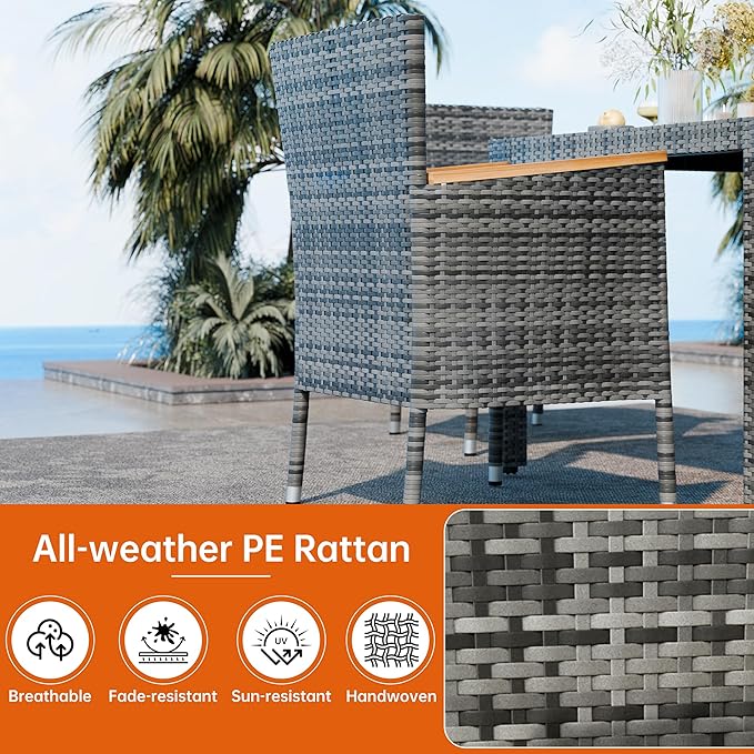 Shintenchi 5 PCS Patio Dining Set, Wicker Patio Conversation Set with Wooden Table Top, Outdoor Table and Chairs with Soft Cushions for Backyard, Deck and Garden, Grey Rattan