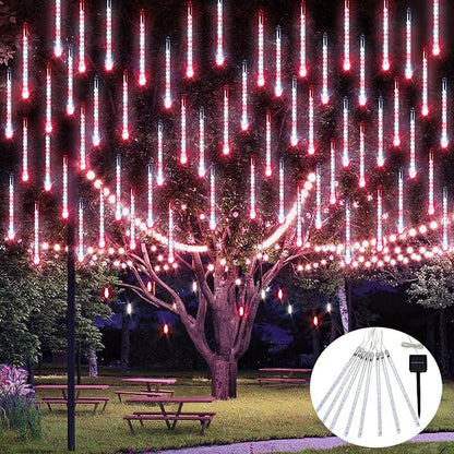JMEXSUSS Red and White Solar Meteor Shower Rain Lights, 8 Tube 144 LED Solar Christmas Lights for Party Holiday Yard Patio Decorations