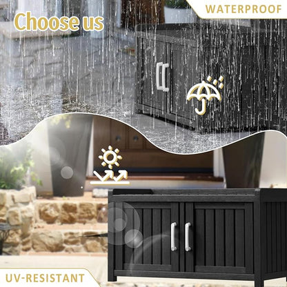 2-Tier Storage Bench, 2 Doors Waterproof Resin Shoe Bench with Adjustable Shelves - Entryway Bench with Seating, Indoor & Outdoor Use for Bedroom, Hallway, Living Room, Black