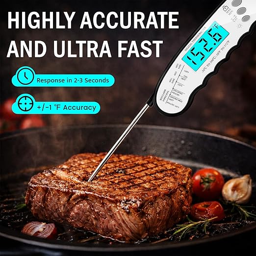 COOLMI Digital Meat Thermometer for Cooking - 2s Instant Read Food Thermometer, Waterproof, 180 Auto-Rotating Backlit Large Display, Temp Lock & Recalibration, for BBQ Grill Kitchen Oil Candy