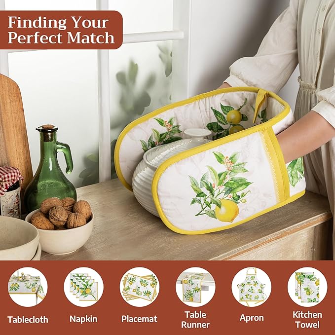 Maison d' Hermine Double Oven Mitts 100% Cotton 7"x35" Double Oven Mitt Heat Resistant BBQ Cooking Gloves with Loop Baking Grilling Kitchen Hotel Home Farmhouse Spring Summer (Limoncello)