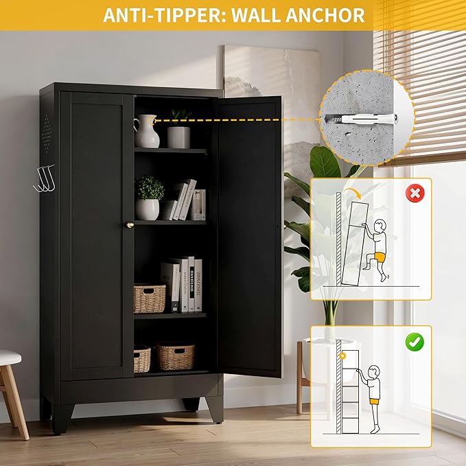 Metal Pantry Cabinet, Kitchen Pantry Storage Cabinets with 2 Doors and 3 Adjustable Shelves, White Kitchen Pantry Cabinet for Dining Room, Living Room, Assemble Required (Black)