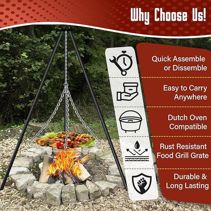FEBTECH - 55" Steel Tripod Grilling Set - Camping Accessories For BBQ Grill Cooking - Camping Charcoal Grills Grate - Campfire Grill Grate Over Fire Pit with Tripod Stand