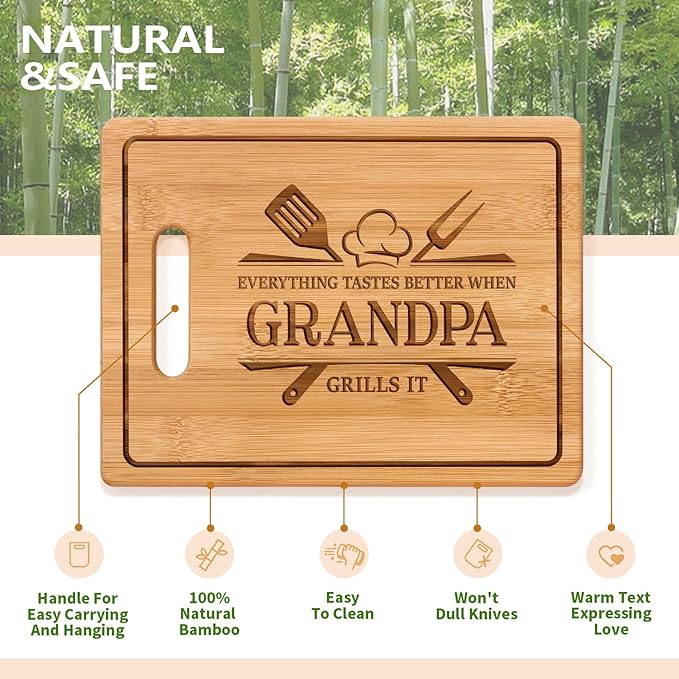 Fathers Day Grandpa Gifts, 11x8.5inch Engraved Bamboo Cutting Board, Best Christmas Birthday Gifts for Grandpa, Grandfather Present from Grandkids Grandchildren